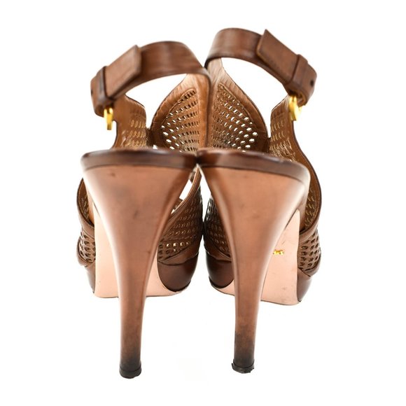 PRADA: Brown, Laser-Cut Leather Platform Sandals - Picture 7 of 10